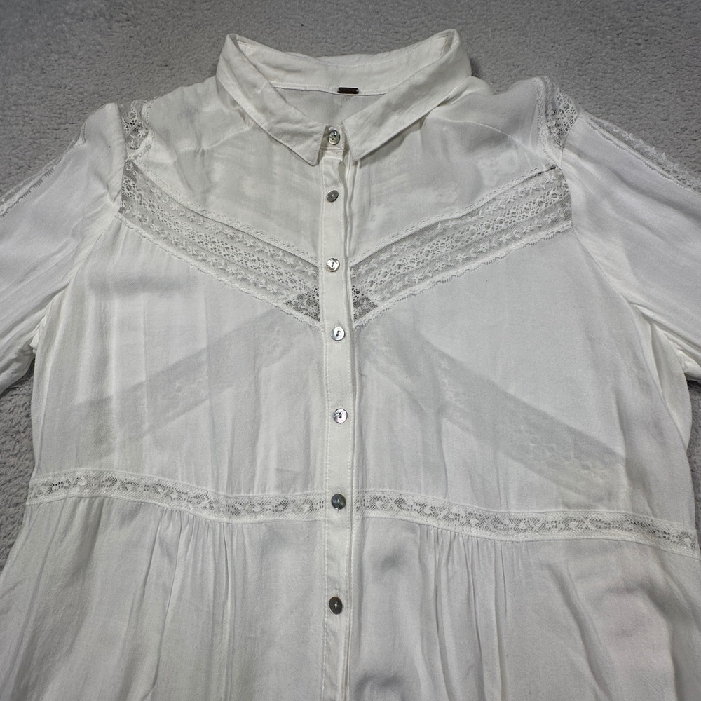 Free People Wild Wind Lace Inset Button Down Tunic Blouse Womens M Ivory Boho‎ - Picture 3 of 8